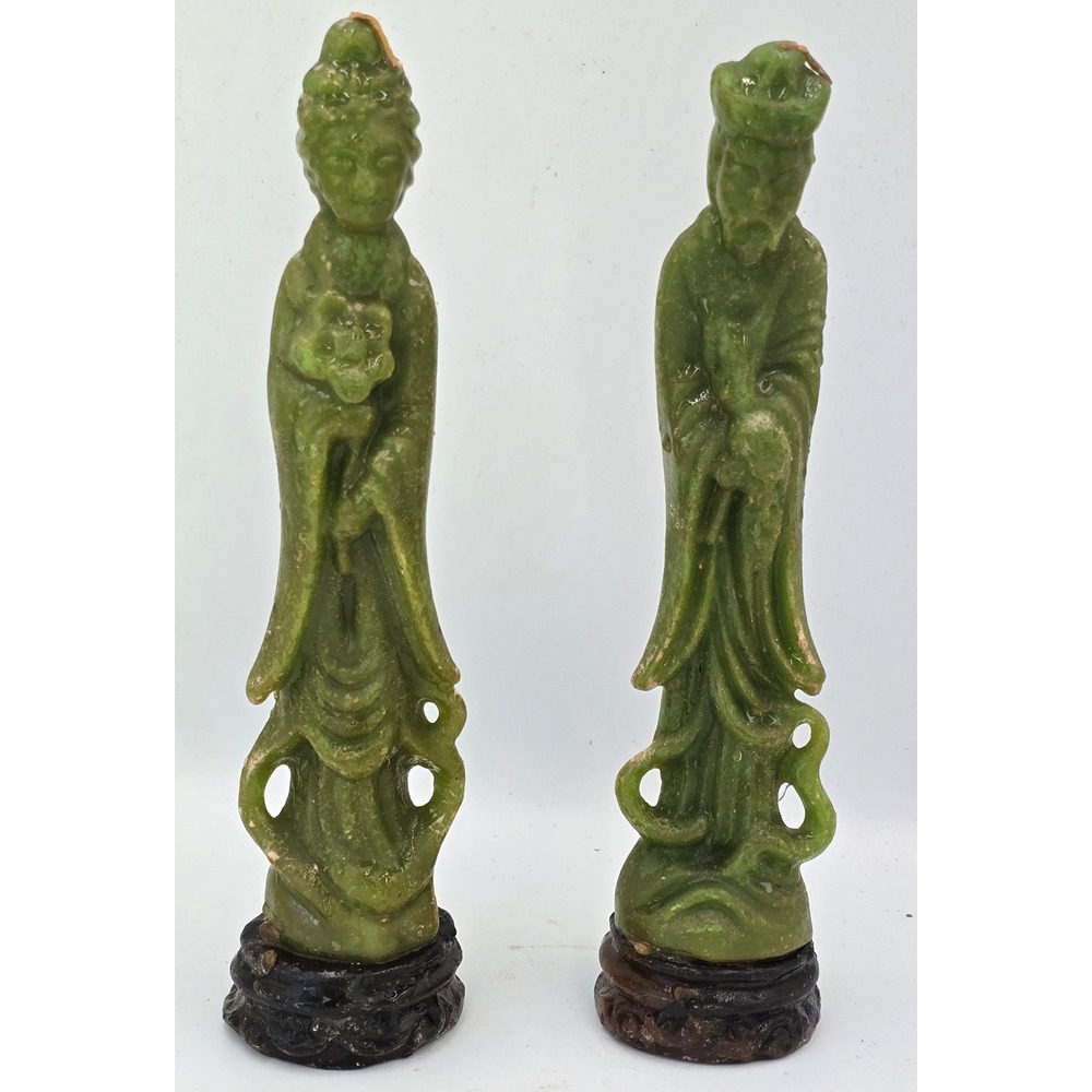 Vintage Ceremonial Jade Green Chinese Figure Carved Wax Candles Pair Unused